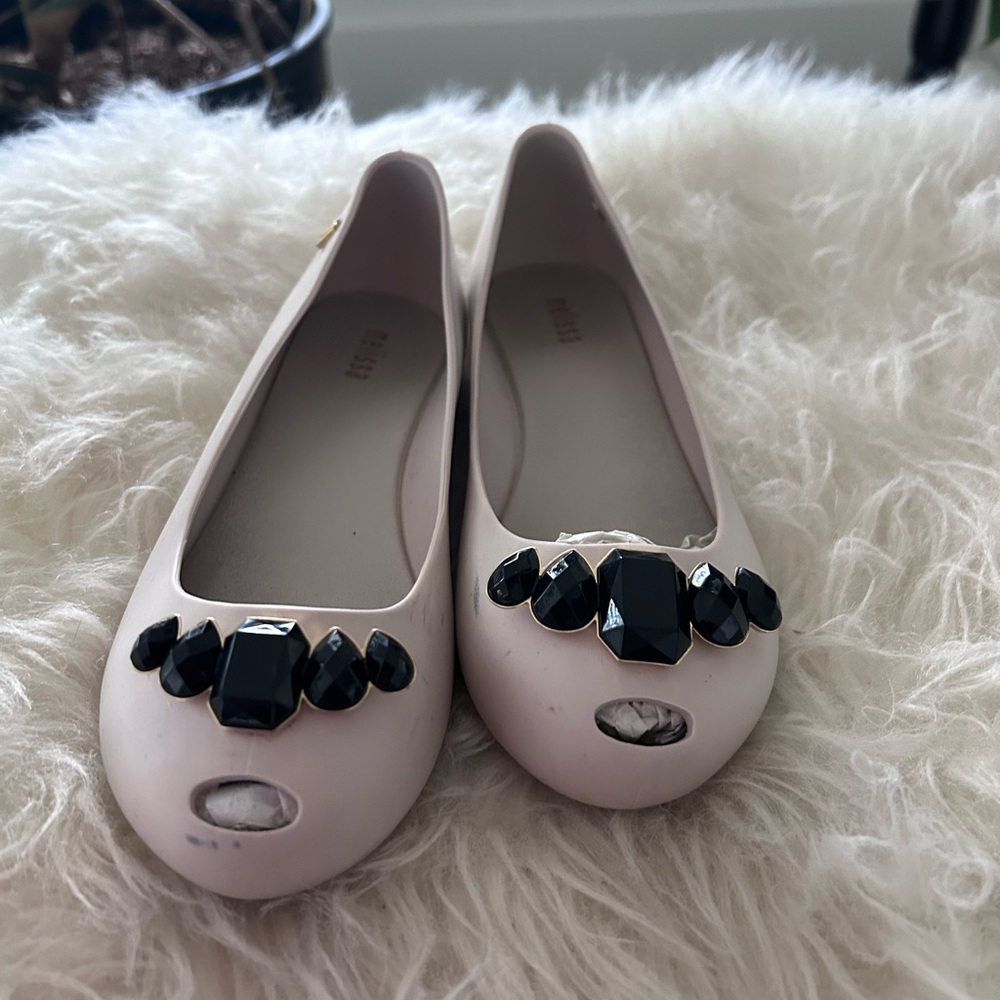 Melissa Girls Ballet Flats in beige and black stones size girls 2